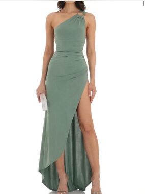 Lucy One-Shoulder Sage Green Evening Dress with Ring Detail